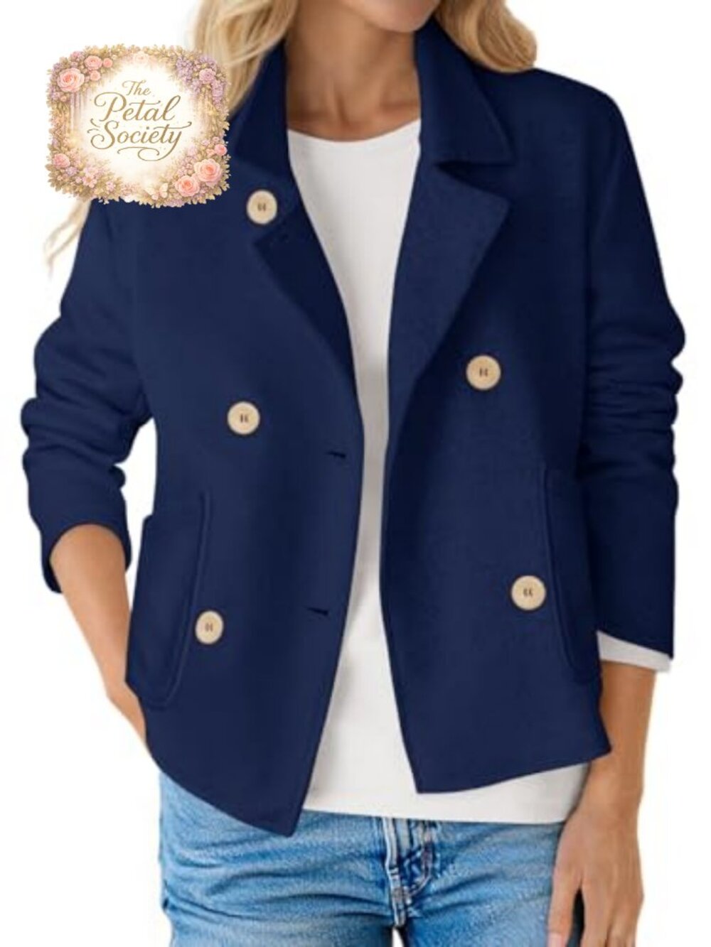 Fisoew Women's Cropped Blazer Double Breasted Button Suit Jacket